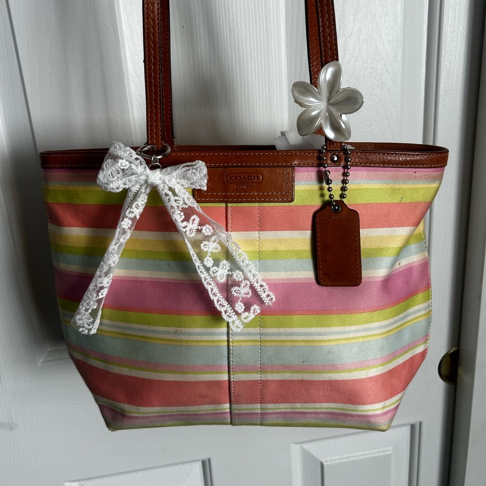 Coach Pink and Green Striped Tote Bag